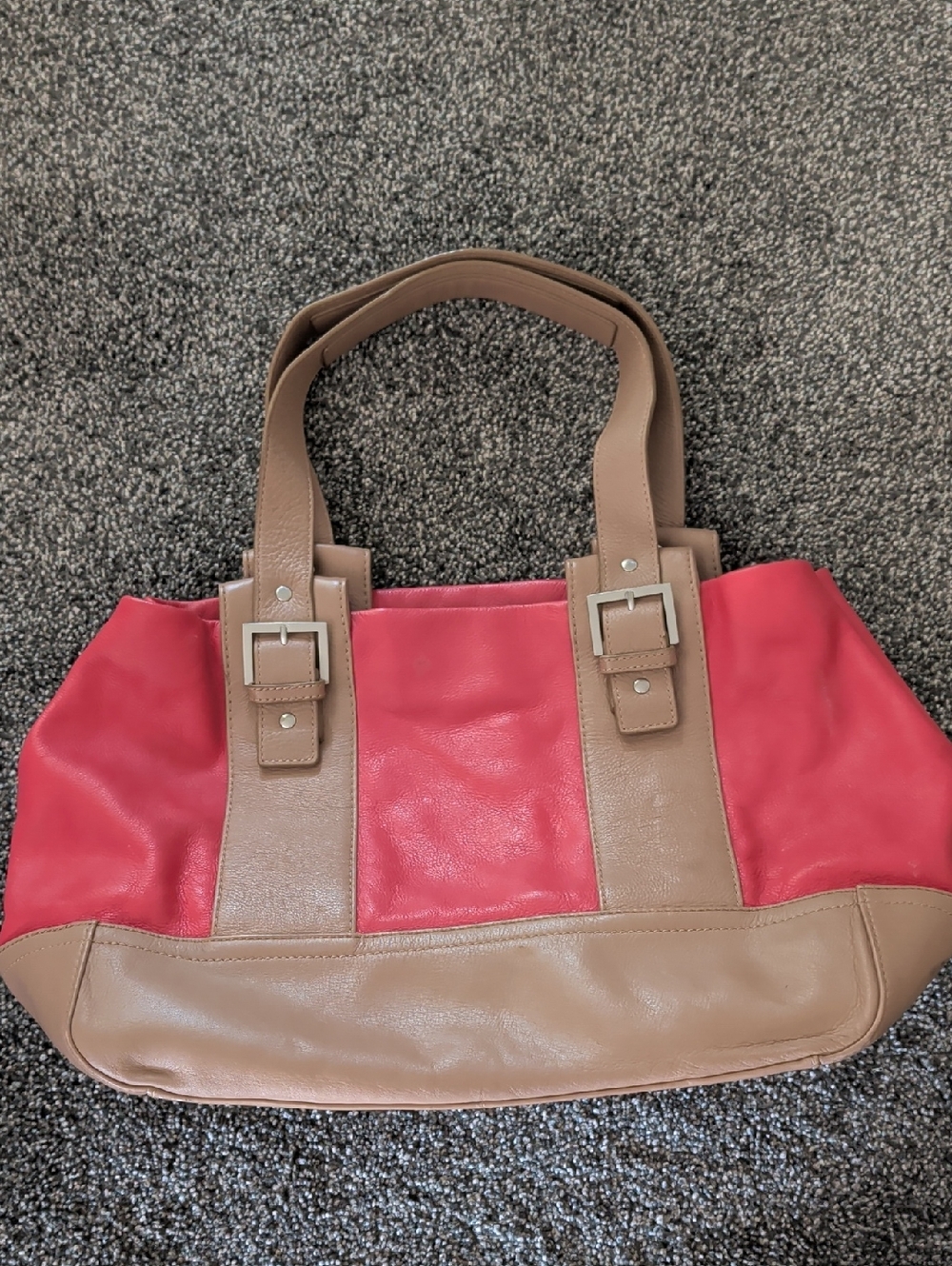 Audrey Brooke Red and Tan Buckle-Accent Women's Tote